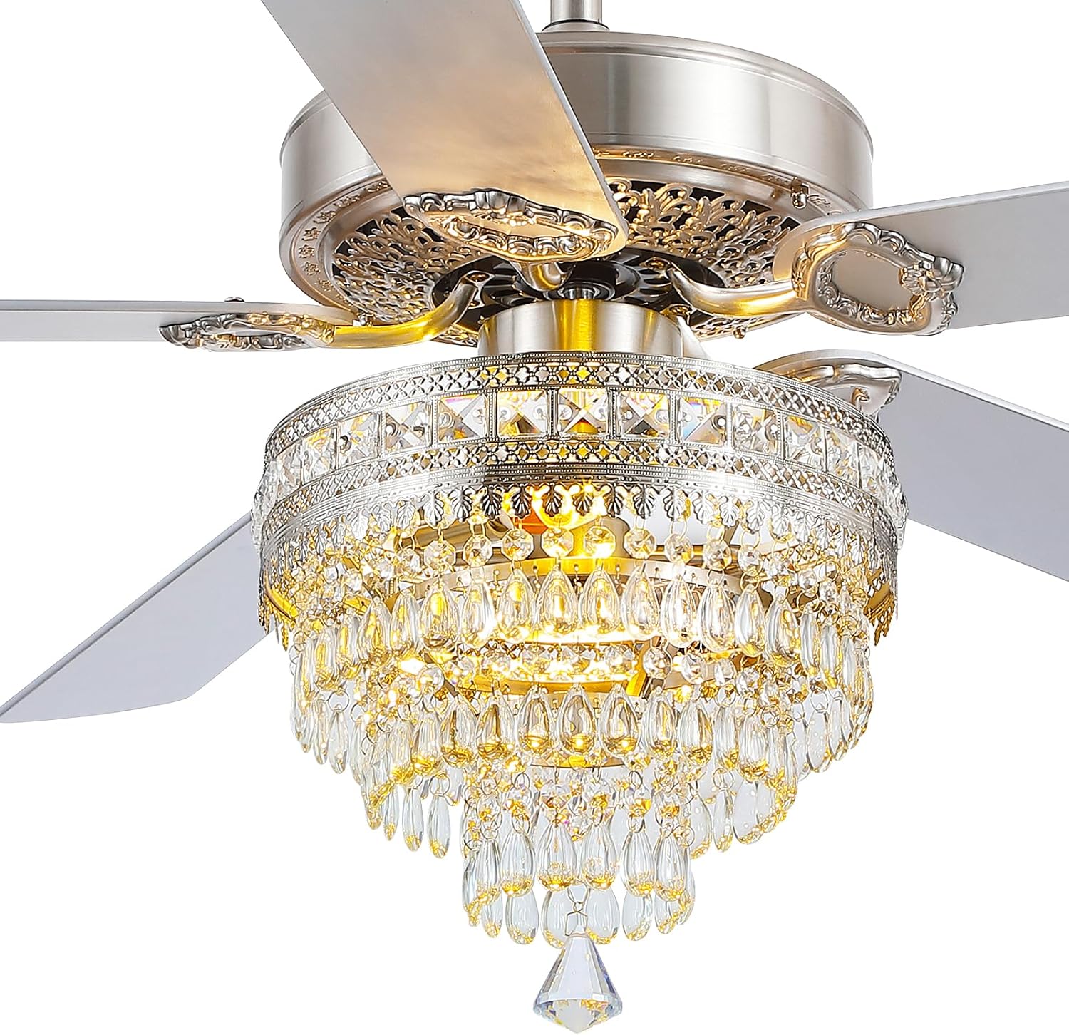Asyko Crystal Ceiling Fan Fandelier with Lights and Remote Control，52' Modern Silver Chandelier Ceiling Fans with Reversible Blades, Silent Motor，Fandelier Ceiling Fan with Light Chrome