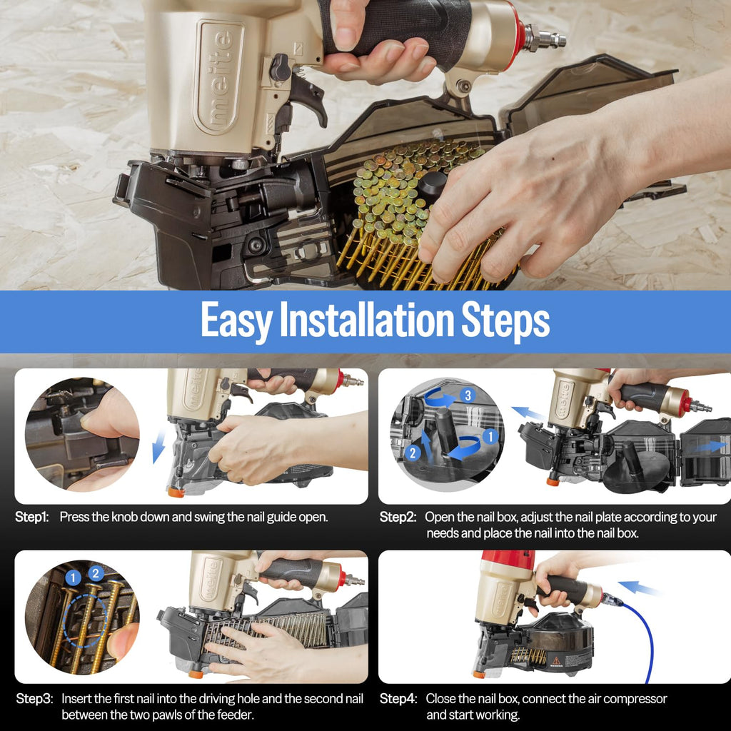 meite CN65S Coil Siding Nailer with 15 Degree Siding Nails 2' × .099'' - Pneumatic Nail Gun with 360° Exhaust & Safety Lock for Roofing Fencing Decking