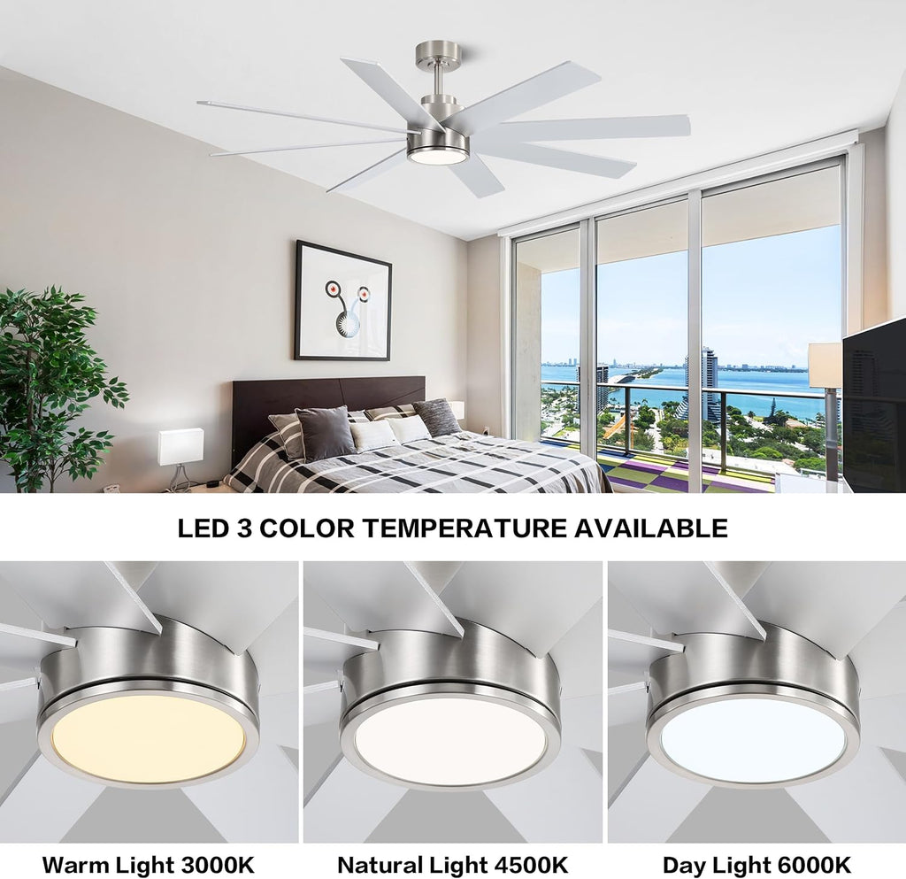 WINGBO 60' Large DC Ceiling Fans with Lights and Remote, 3 Downrods, 8 Plywood Blades, 6-Speeds Reversible DC Motor, 3CCT, Indoor Ceiling Fan for Bedroom Living Room Patio, Brushed Nickel and Silver