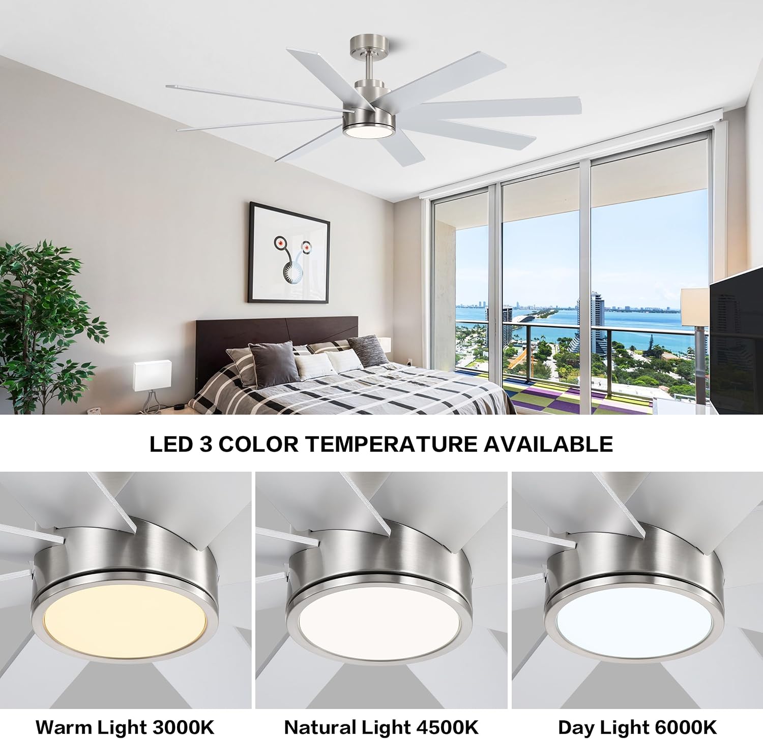 WINGBO 60' Large DC Ceiling Fans with Lights and Remote, 3 Downrods, 8 Plywood Blades, 6-Speeds Reversible DC Motor, 3CCT, Indoor Ceiling Fan for Bedroom Living Room Patio, Brushed Nickel and Silver
