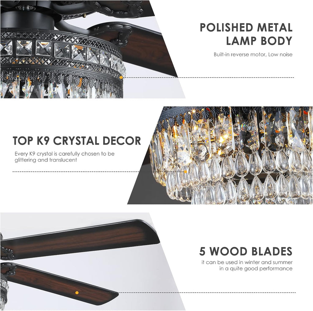 Asyko 62' Crystal Ceiling Fan Fandelier with Lights - Black Modern Crystal Chandelier Fans with Remote Control，Noiseless DC Motor, Retro/Farmhouse Lighting, Dining Room， Living Room