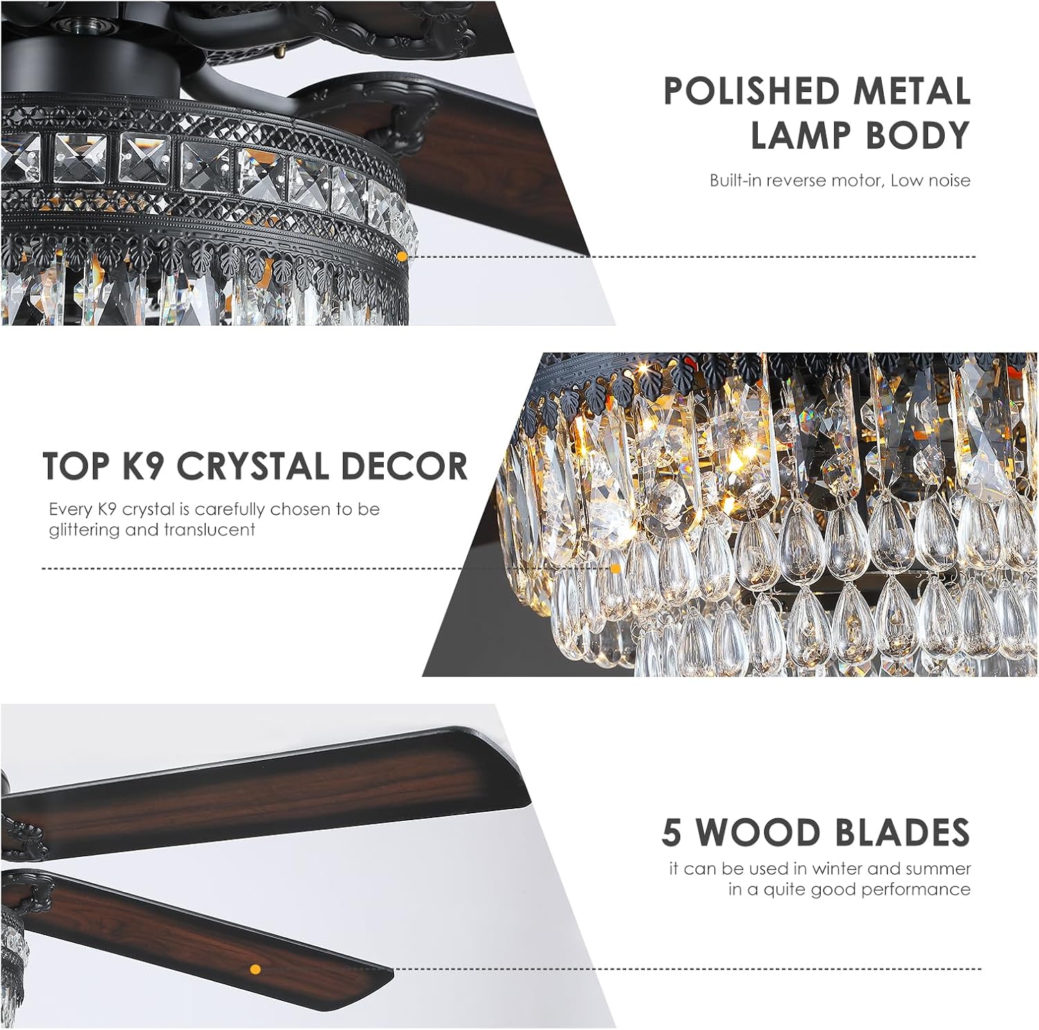 Asyko 62' Crystal Ceiling Fan Fandelier with Lights - Black Modern Crystal Chandelier Fans with Remote Control，Noiseless DC Motor, Retro/Farmhouse Lighting, Dining Room， Living Room