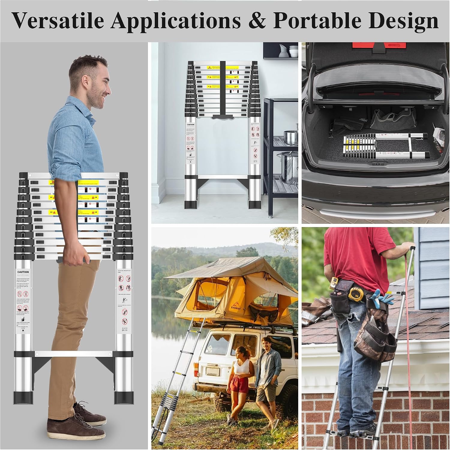 Telescoping Ladder, 16.5 FT Aluminum Extendable Ladder, 330 Lbs Capacity, Collapsible Folding Ladder for House, Roof, RV & Travel Trailer (Silver)