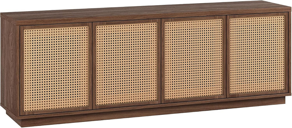 Henn&Hart 2-Tone TV Stand for TVs up to 78' with 2 Concealed Storage Cabinets, Rattan Insert Detailing, and Adjustable Shelves for Living Room, Family Room, or Office, Medium Walnut/Natural Rattan
