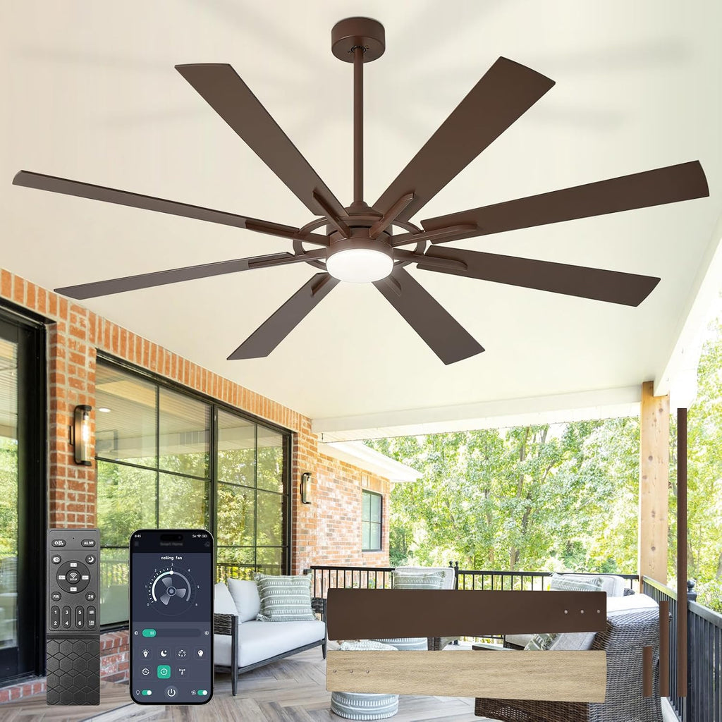 Large Ceiling Fans with Lights: Modern 72 Inch 8 Blade Outdoor Ceiling Fan with Remote APP Control - Dimmable Brown Big Fan light Indoor Reversible 6 Speed Quiet DC Motor