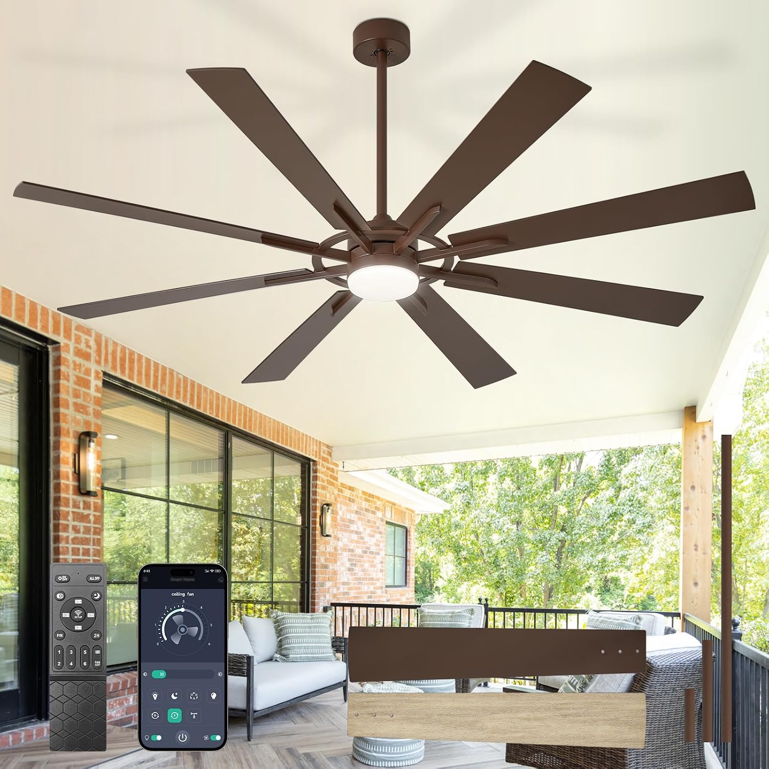 Large Ceiling Fans with Lights: Modern 72 Inch 8 Blade Outdoor Ceiling Fan with Remote APP Control - Dimmable Brown Big Fan light Indoor Reversible 6 Speed Quiet DC Motor