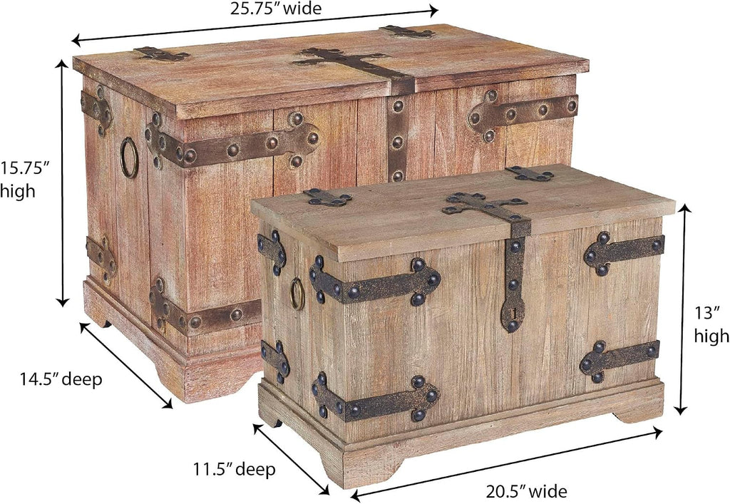 Household Essentials Victorian Style Decorative Trunk in Chinese Fir Wood with Metal Accents, Natural, Set of 2