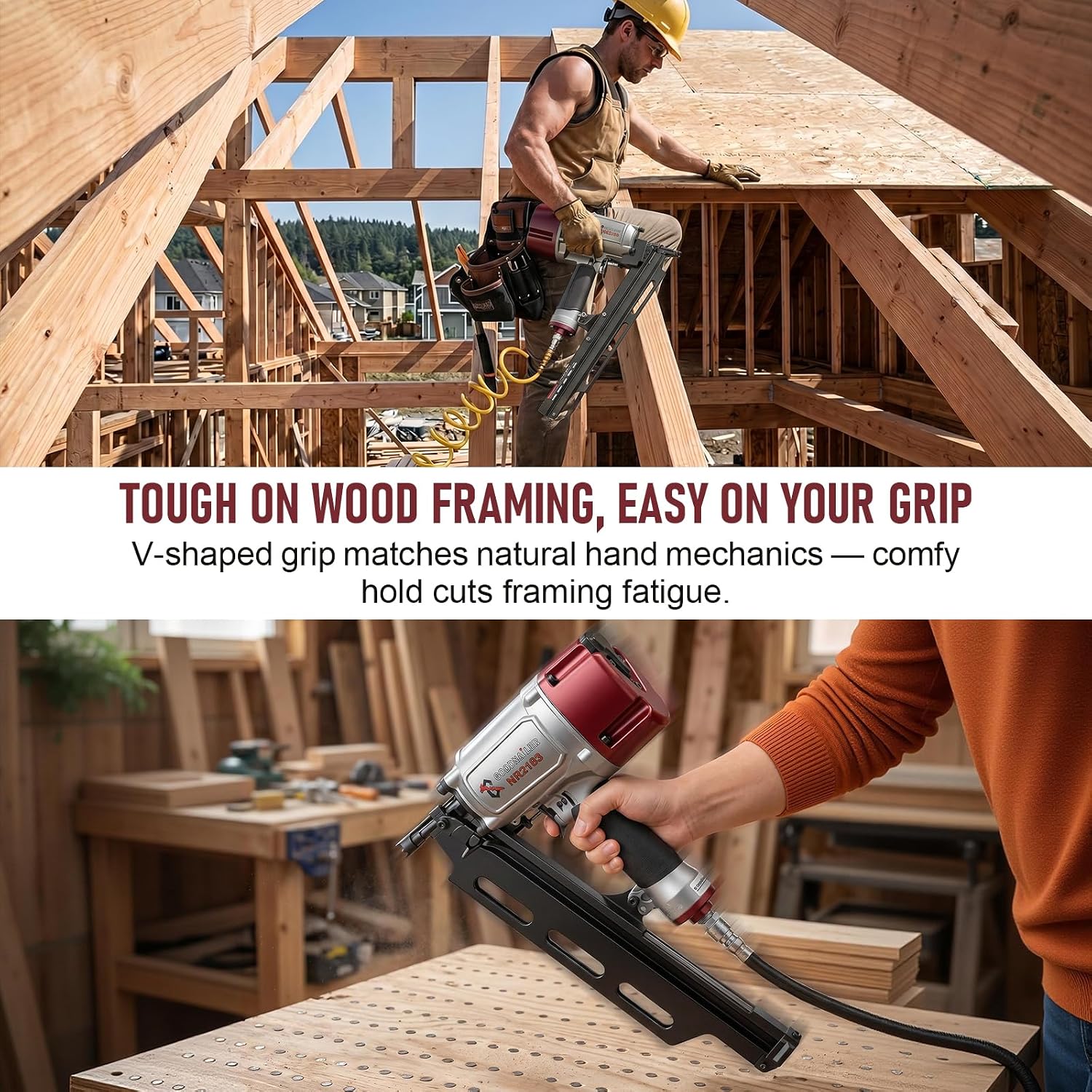 NR2183 Framing Nail Gun 21 Degree Plastic Strip Nailer 2-Inch up to 3-1/4-Inch Plastic Collated Full Head Framing Nailer Aluminum Magazine Light Weight Fast Speed