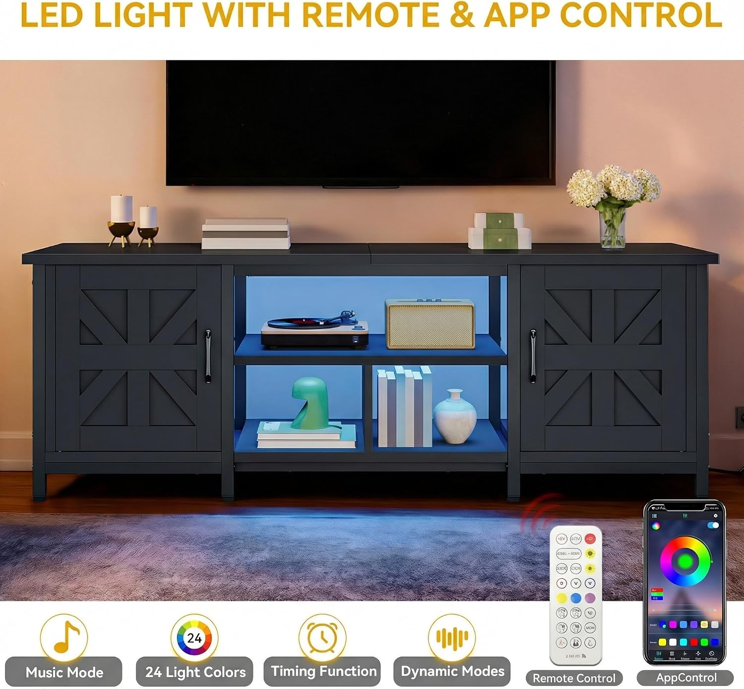 DWVO Farmhouse TV Stand with Power Outlet & LED Lights, TV Consoles for TVs up to 70'', Entertainment Center with Storage Cabinets for Living Room, Black