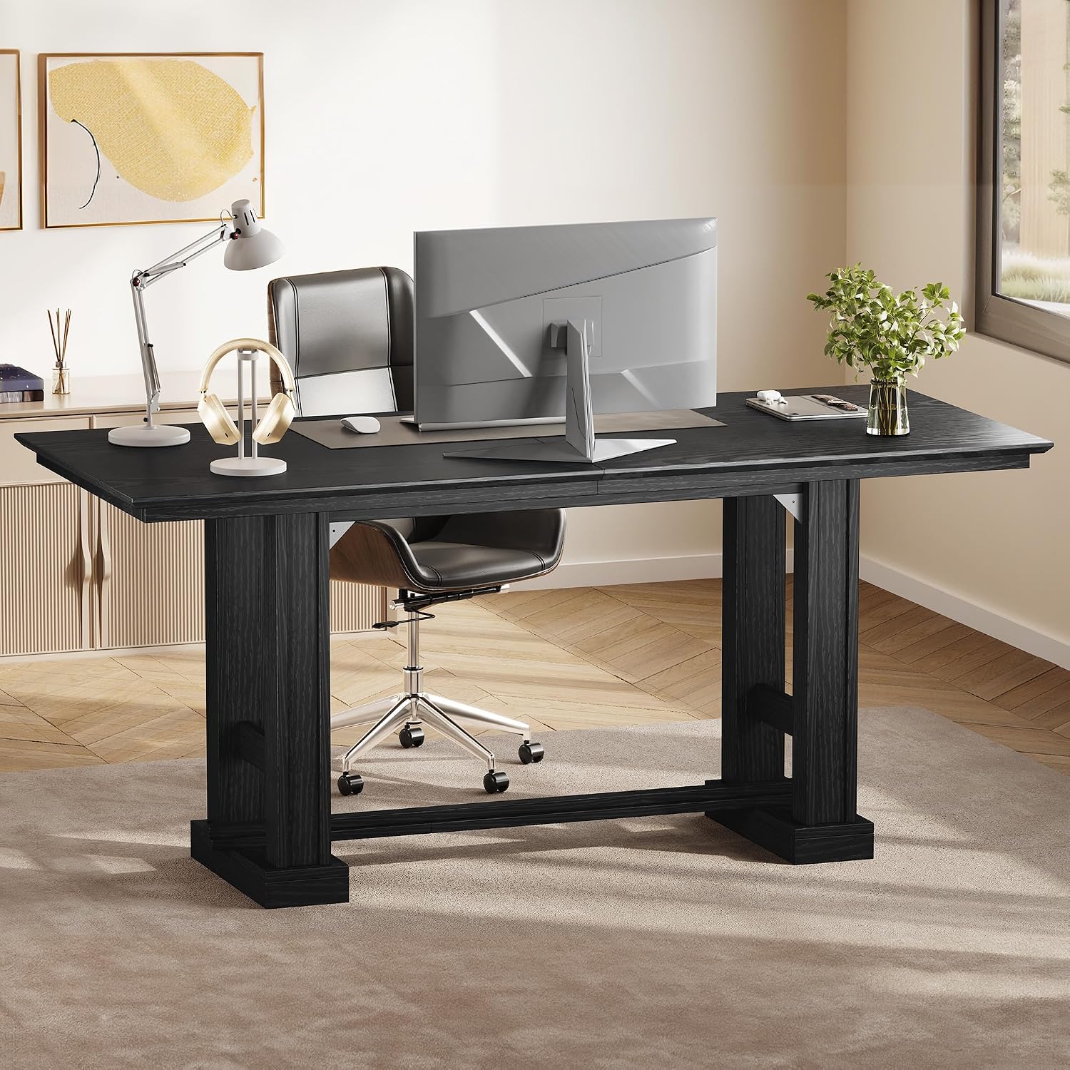 DWVO 70 Inch Computer Desk, Large Executive Office Table Workstation, Modern Farmhouse Style Laptop Wooden Sturdy Legs Writing Desk Business Furniture for Home, Black