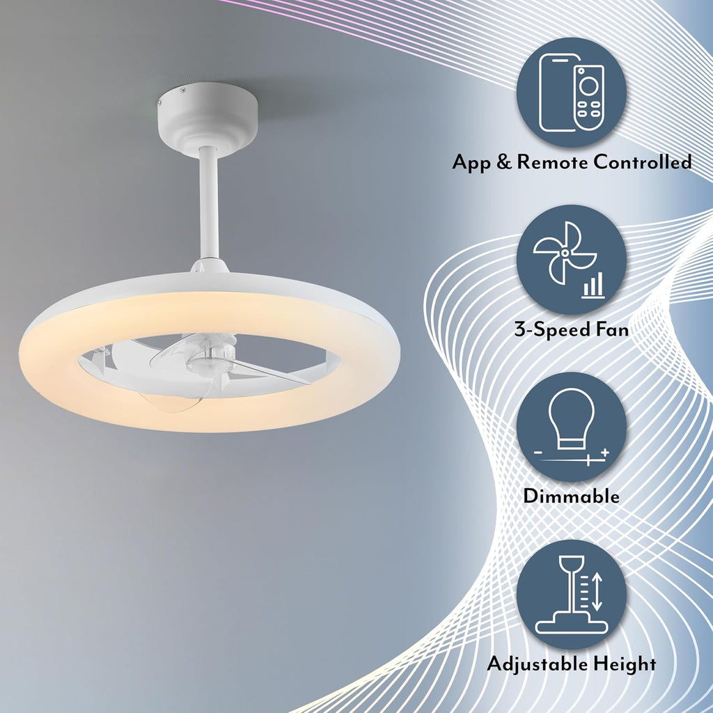OVAL AIR AIR8001C Piero 21.5' Contemporary Minimalist 6-Speed Metal Mobile-App/Remote-Controlled Dimmable Smart Integrated LED Ceiling Fan Bedroom, Living Room, Dining Room, Frost White