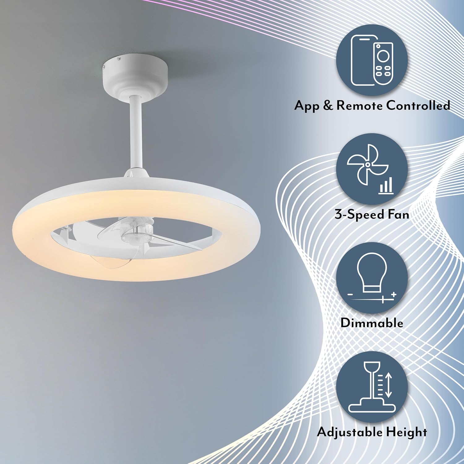 OVAL AIR AIR8001C Piero 21.5' Contemporary Minimalist 6-Speed Metal Mobile-App/Remote-Controlled Dimmable Smart Integrated LED Ceiling Fan Bedroom, Living Room, Dining Room, Frost White