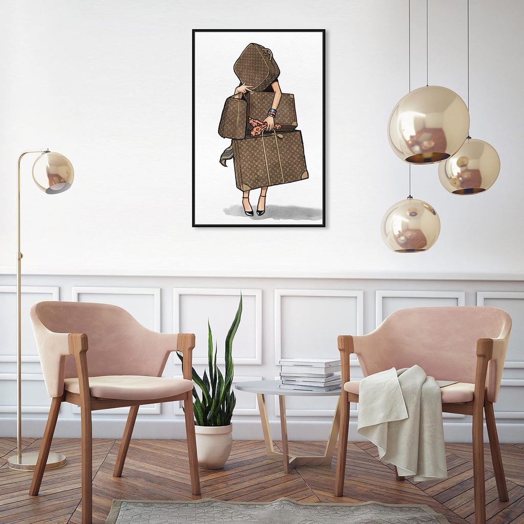 The Oliver Gal Artist Co. Fashion and Glam Framed Wall Art Canvas Prints, Bags-Orange' Travel Essentials Home Décor, 20 in x 30 in, Brown, White