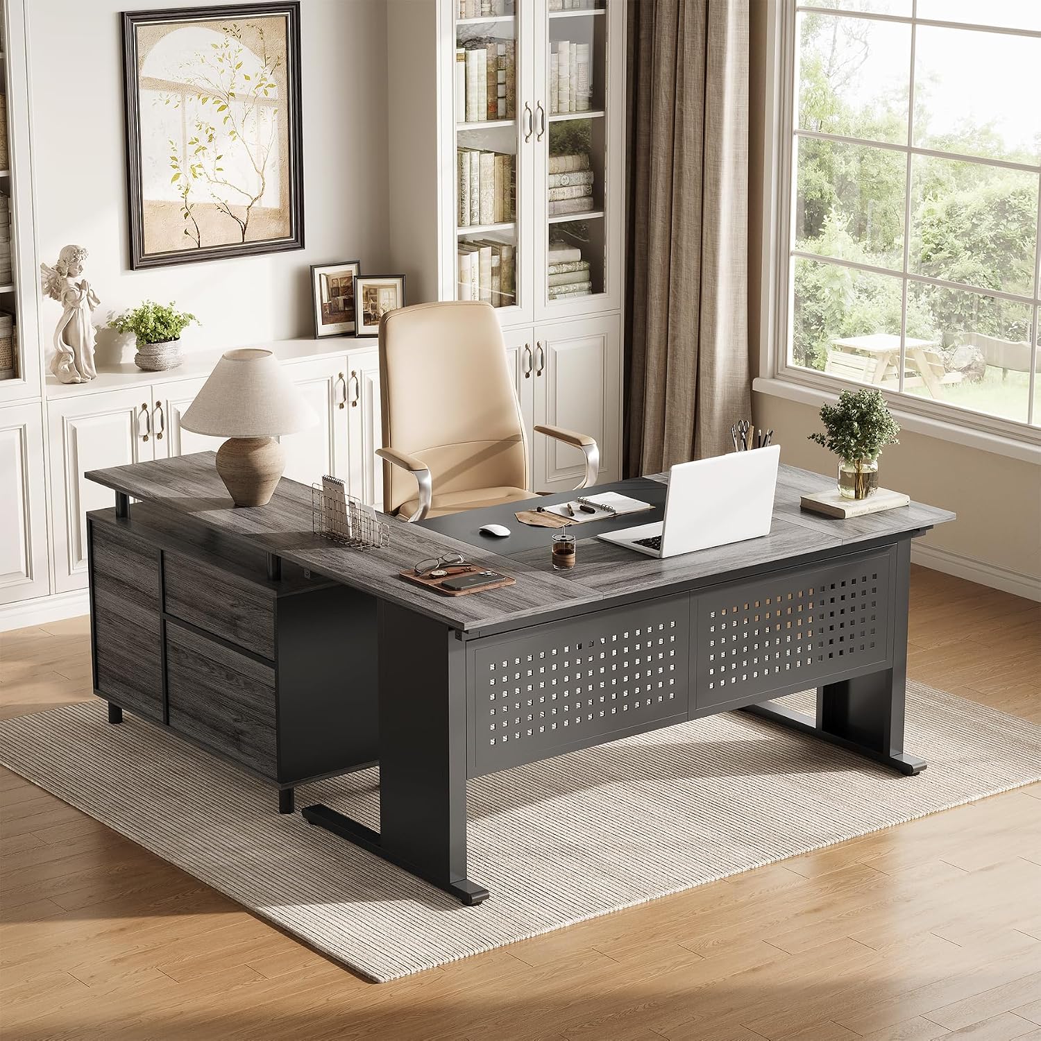 LITTLE TREE Large Computer Desk with File Cabinet, 63 Inch Executive Desk L Shaped Office Desk with Drawers and Storage Shelves, Business Furniture Desk Workstation for Home Office