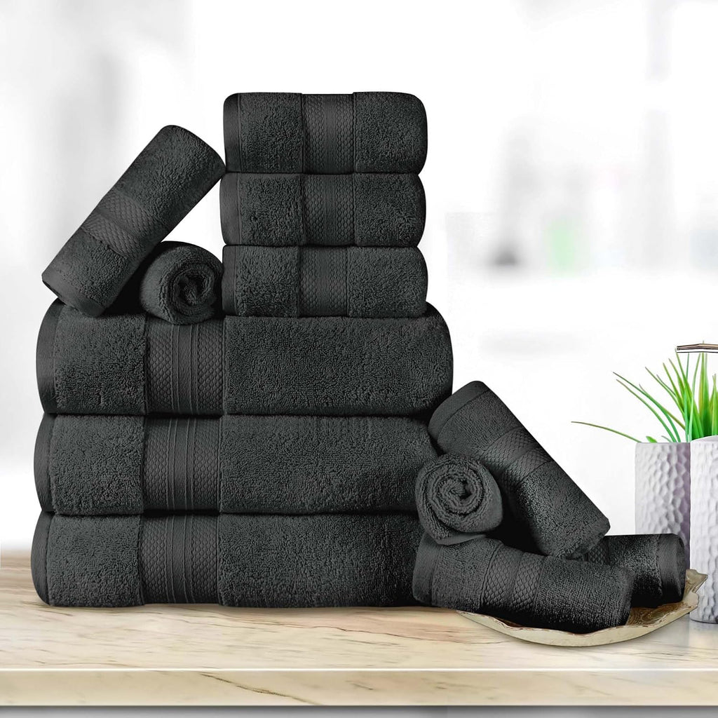 Superior Turkish Cotton 12-Piece Towel Set, 3 Bath, 3 Hand, 6 Face Towels/Washcloth for Home, Guest, Master Bathroom Essentials, Hotel, Resort, Spa, Shower, Adult, Kids, Plush, Soft, Black