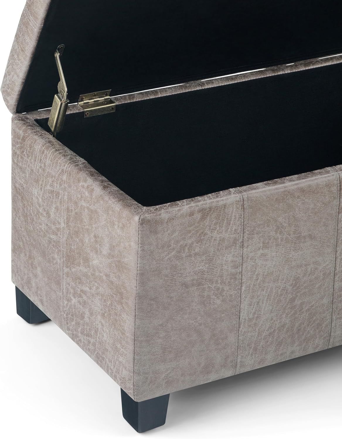 SIMPLIHOME Dover Storage Ottoman Bench - 36 inch Wide Upholstered Vegan Leather Rectangular Lift-Top Ottoman in Distressed Grey Taupe, Contemporary Bench for Living Room with Safety Hinges