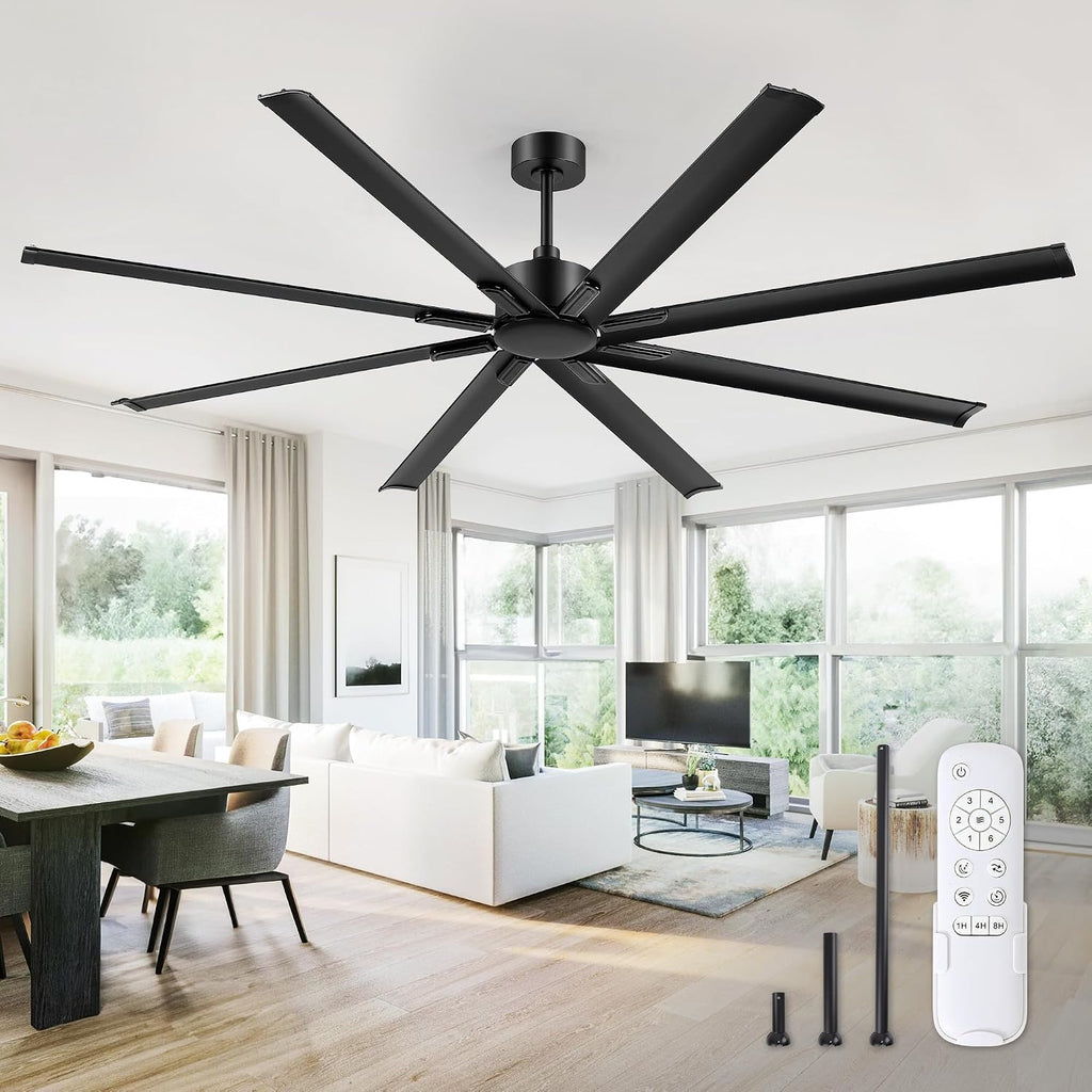 ZMISHIBO 84 Inch Ceiling Fans No Light, Large Industrial Ceiling Fan with 8 Aluminium Blades, Quiet DC Motor, 6 Speeds, Modern Ceiling Fan without Light for Garage/shop/living room,Black