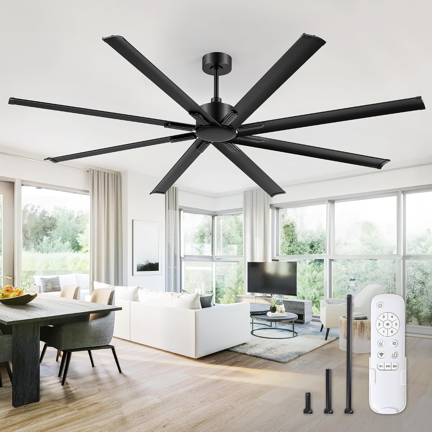 ZMISHIBO 84 Inch Ceiling Fans No Light, Large Industrial Ceiling Fan with 8 Aluminium Blades, Quiet DC Motor, 6 Speeds, Modern Ceiling Fan without Light for Garage/shop/living room,Black