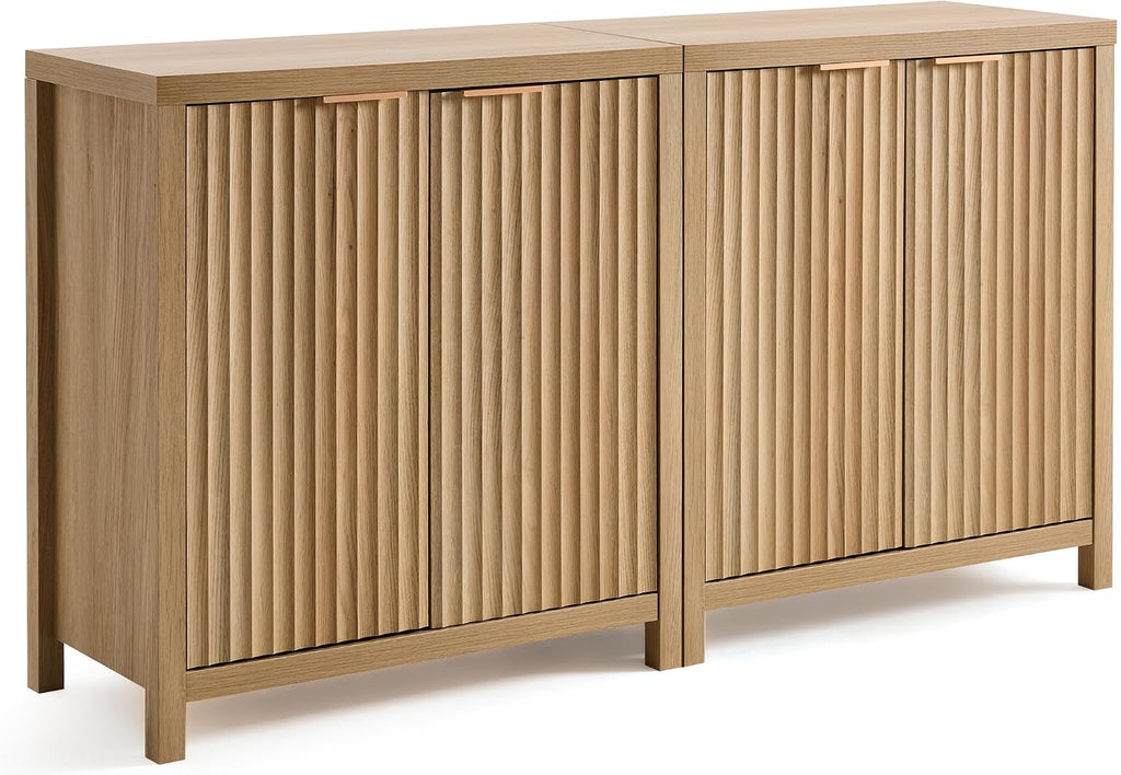 OAKHAM HOME Oxford Storage Cabinet Fluted Sideboard Buffet with Adjustable Shelves, Modern Accent Console Set of 2 (Golden Oak)