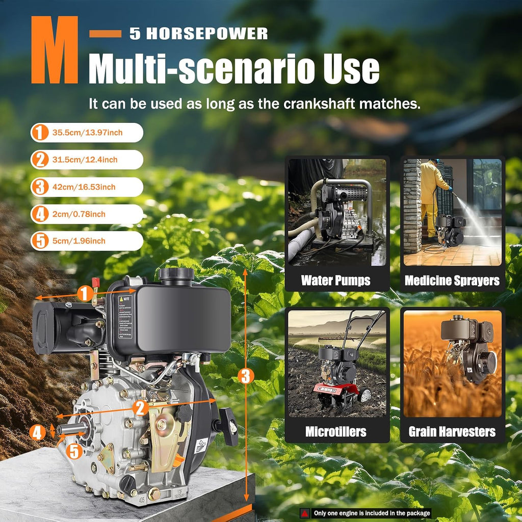 4 Stroke Diesel Engine 247CC 5HP Diesel Motor 3.6KW Single Cylinder Vertical Engine Diesel Engine Motor with Air Cooled System & Hand Start Mode for Water Pumps, Micro Tillers | US Stock