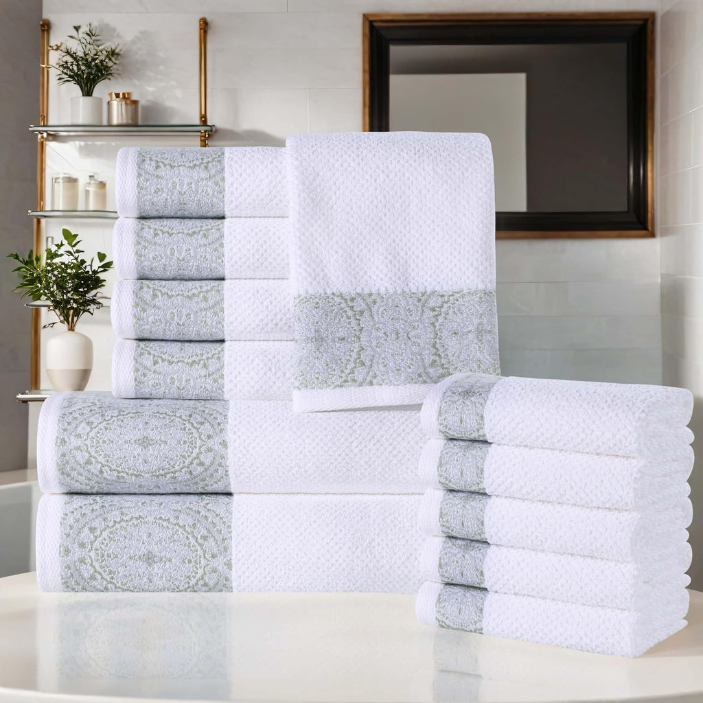 Superior Medallion Cotton 12 Piece Assorted Towel Set, Absorbent, Textured, Quick-Dry, Shower, Spa Basics, Solid White, Color Border, Includes 2 Bath Towels, 5 Hand Towels, 5 Face Towels, White-Silver