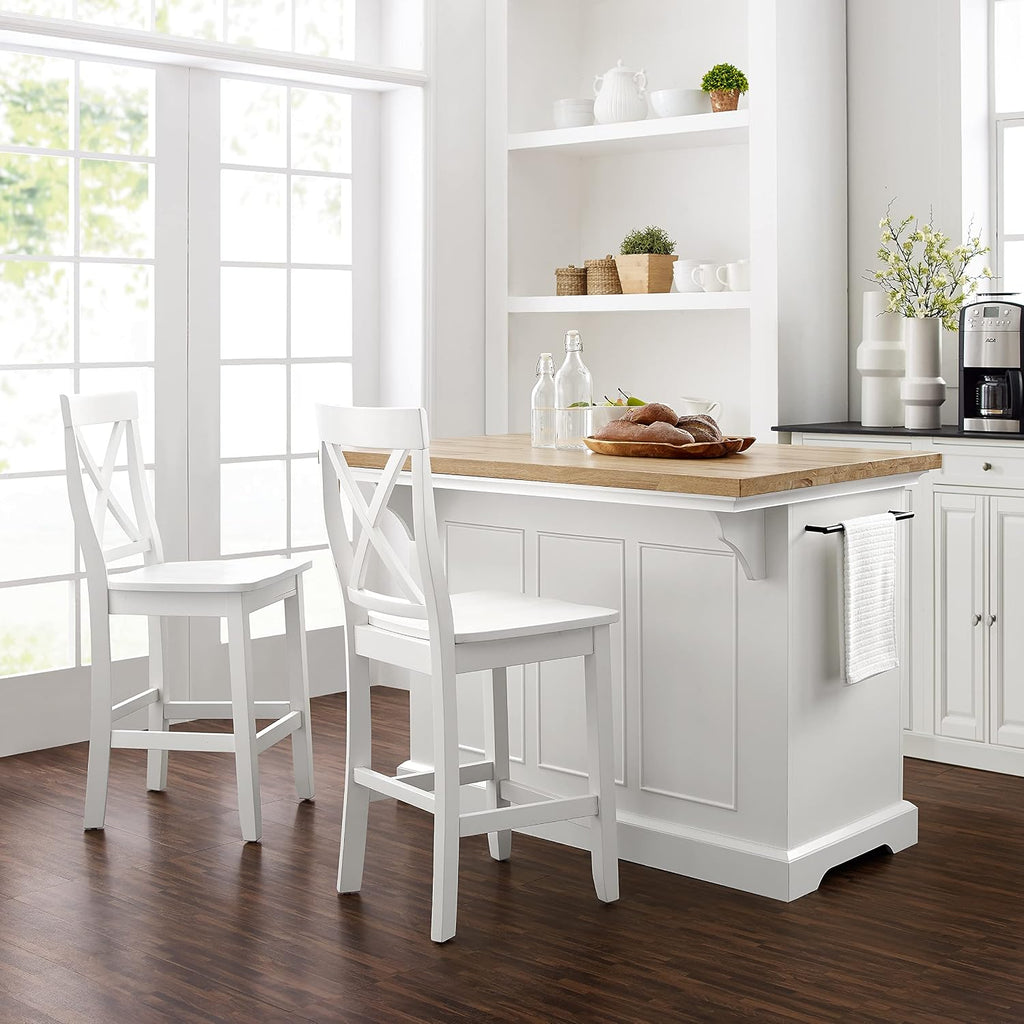 Crosley Furniture Julia Wood Top Island with Storage, Coffee Bar, and a Set of 2 X-Back Stools, White