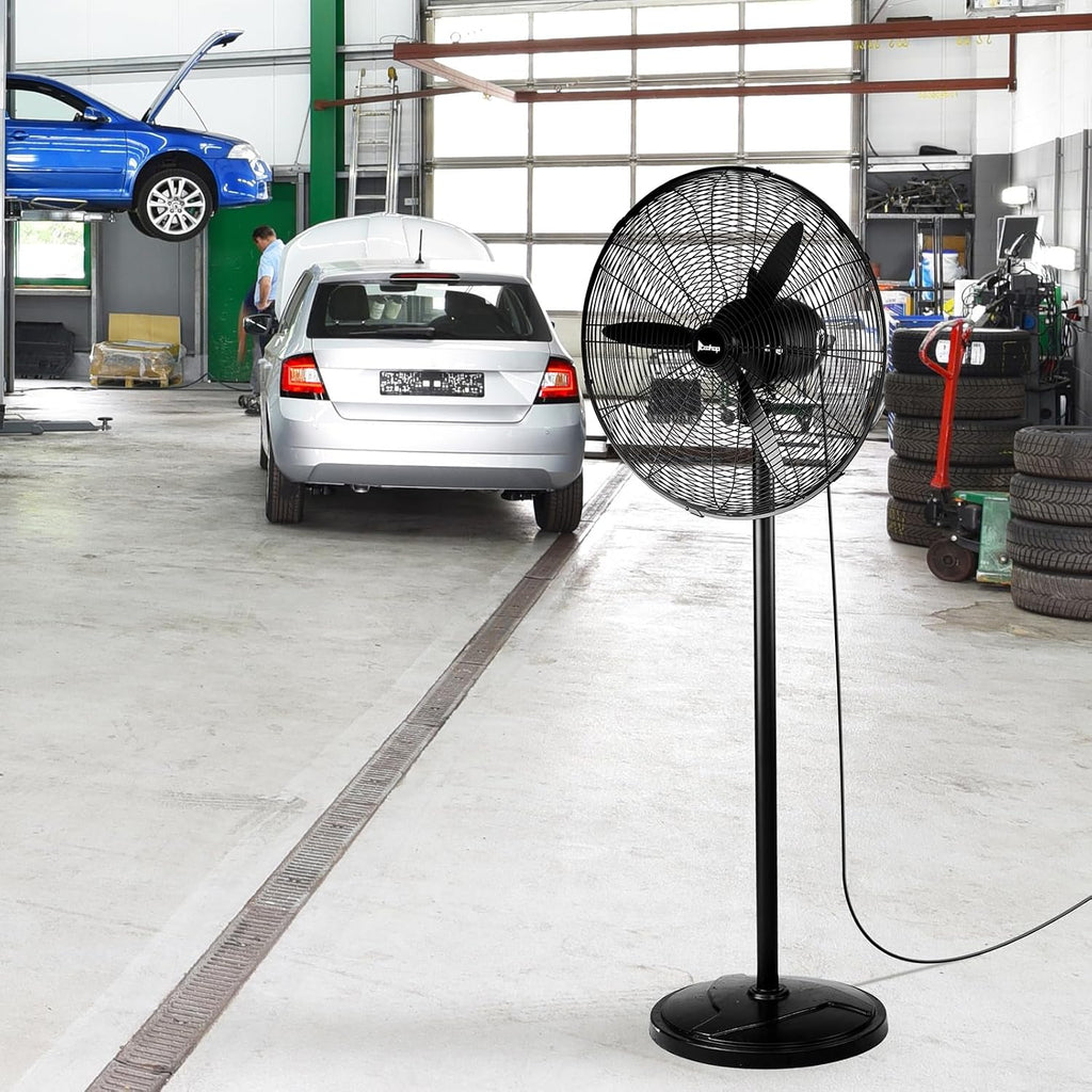 20 Inch Pedestal Fan with 5000 CFM Industrial Floor Fan for Garage, Warehouse, Workshop Oscillating Stand Up Fan 4 Speeds Adjustable Height Metal Construction for Commercial Residential Cooling Black