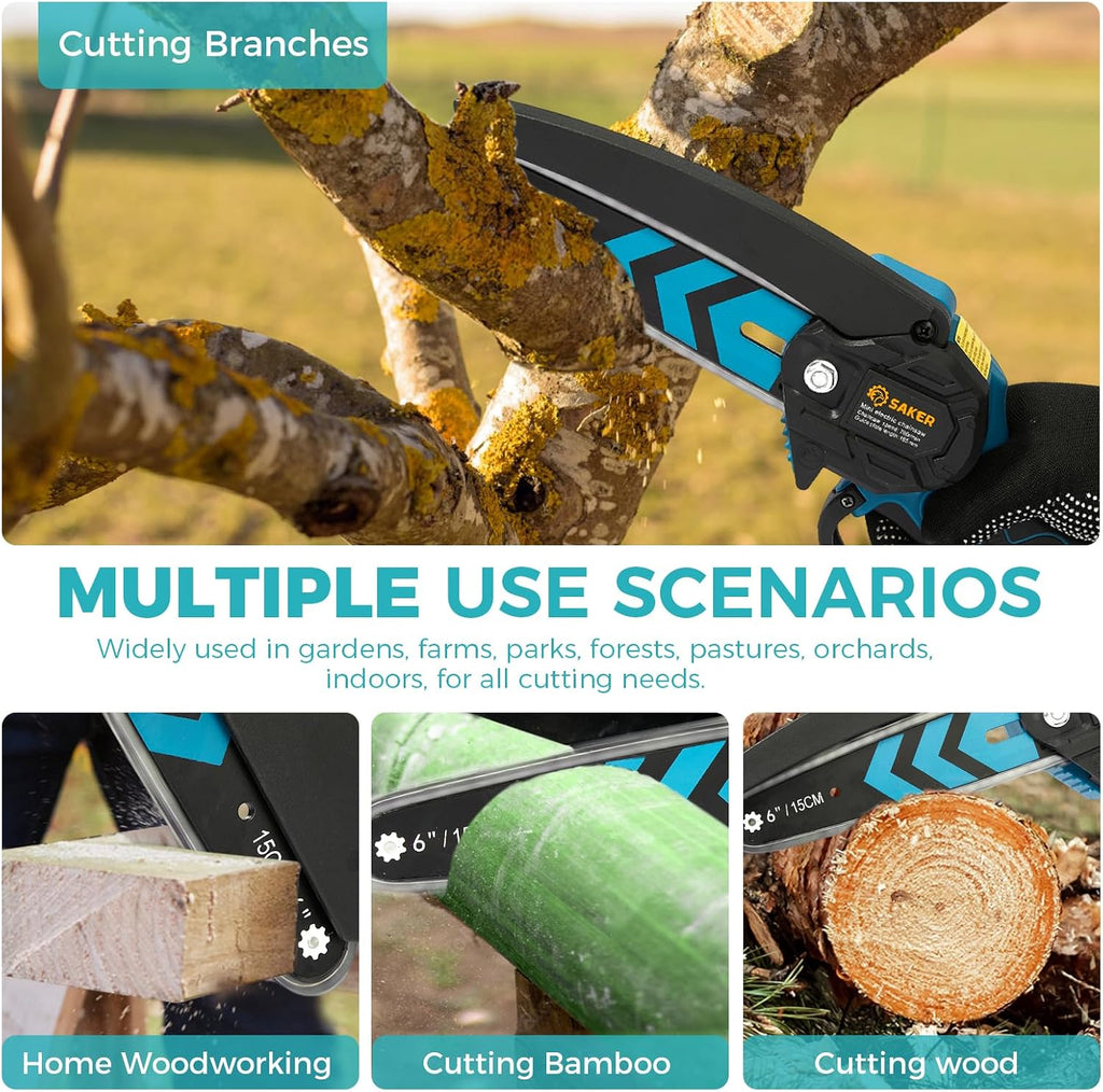 Saker Combo: 6 - Inch Upgraded Mini Cordless Chainsaw Blue + 22V Cordless Electric Garden Tiller Cultivator - Your Ultimate Gardening Set