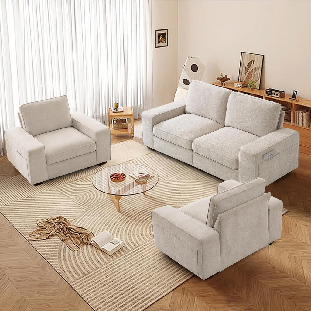 TEKAMON 73' Loveseat Sofa with Seat Storage, 2-Seater Modular Sofa Couch for Living Room, Chenille Fabric, Solid Wood Frame, Spring Cushions, USB Charging, Removable Covers, Side Pockets, Beige