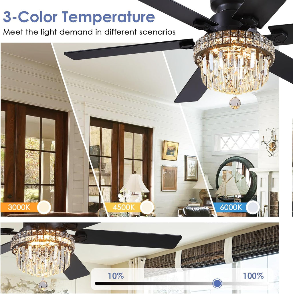 Asyko Crystal Ceiling Fan Fandelier with Lights - 52' Outdoor Fans with Remote Control，Crystal Ceiling Fans Noiseless DC Motor, Retro/Farmhouse Lighting, Dining Room,Living Room
