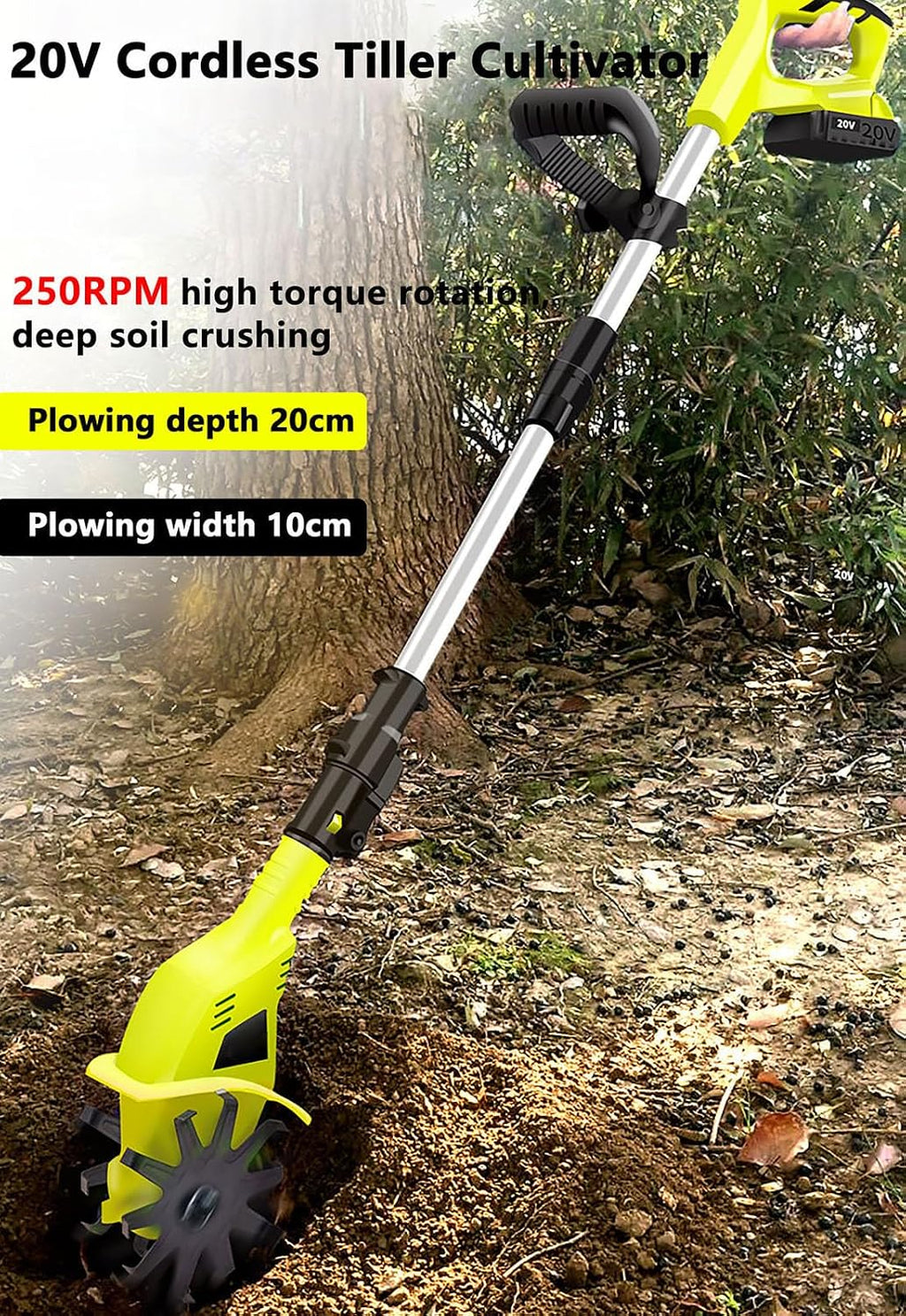 Cordless Tiller Cultivator,250RPM Electric Garden Tiller,with Batteries & Charger,10cm Tilling Width and 20cm,for Lawn/Gardening/Soil Cultivation(Size:1*Battery)