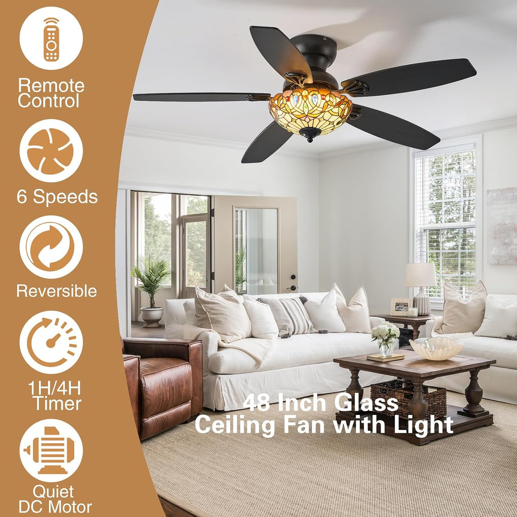Tiffany Ceiling Fans with Lights - 48' Ceiling Fan Chandelier with 5 Dual-Blades and Glass Shade, 6 Speeds and Reversible, Indoor and Outdoor, Retro Style