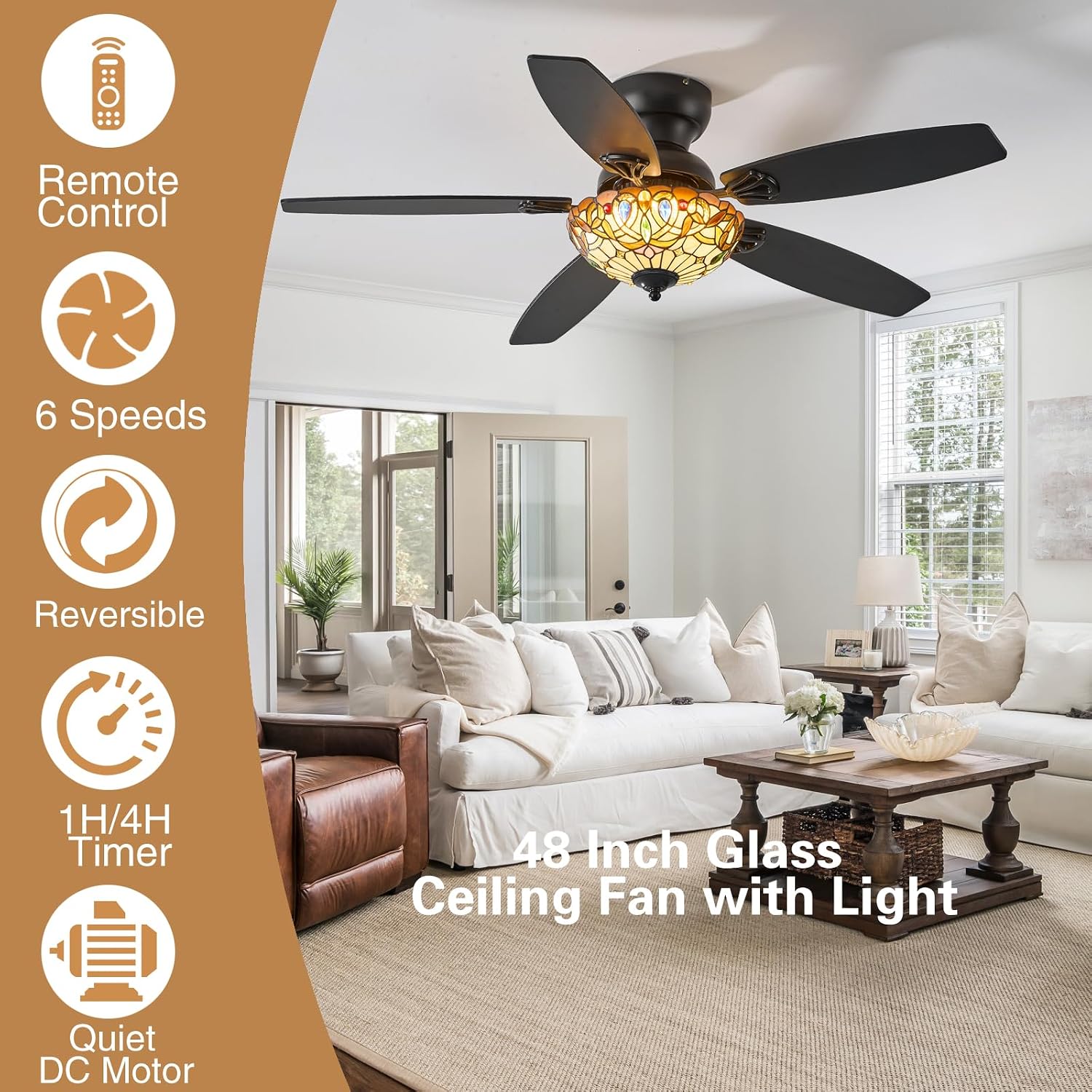 Tiffany Ceiling Fans with Lights - 48' Ceiling Fan Chandelier with 5 Dual-Blades and Glass Shade, 6 Speeds and Reversible, Indoor and Outdoor, Retro Style