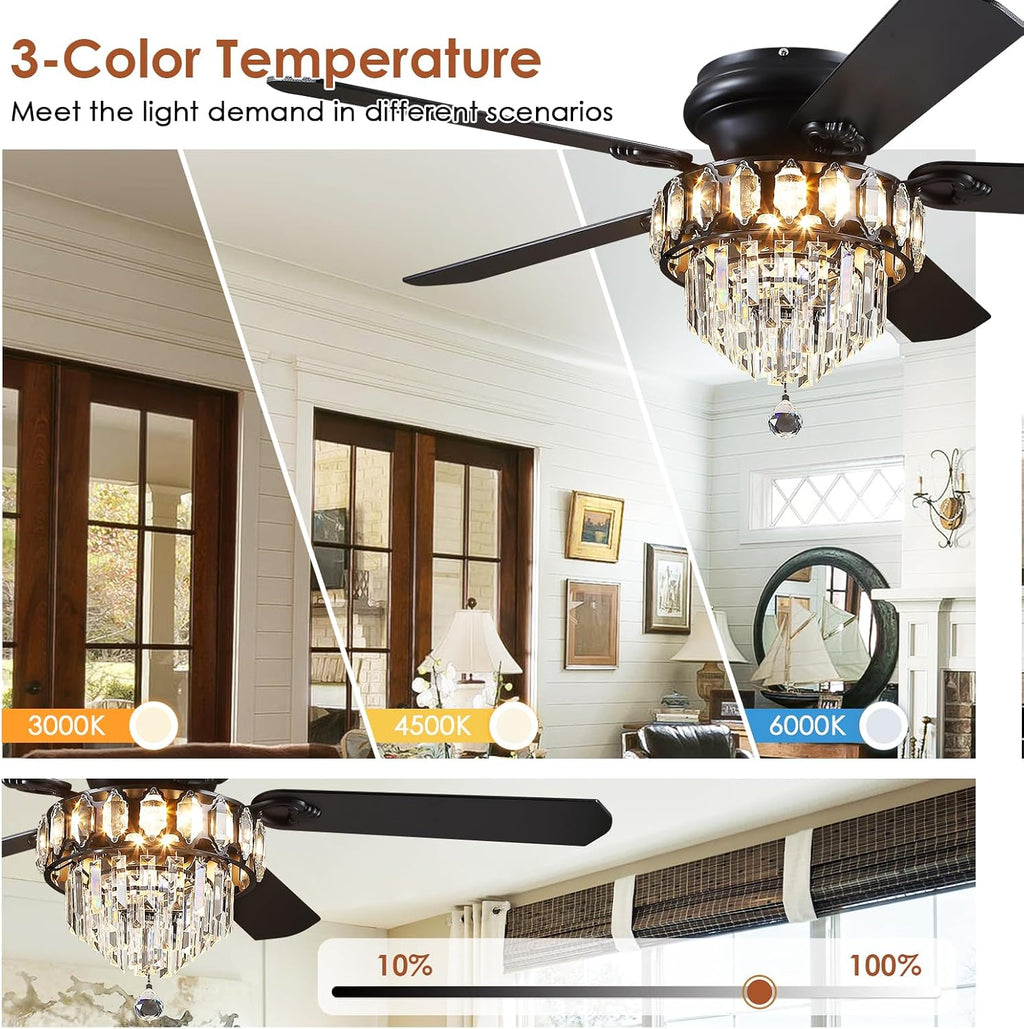 Asyko 52' Low Profile Crystal Ceiling Fan Fandelier with Lights and Remote Control- Retro/Farmhouse Ceiling Fans with Noiseless DC Motor, Flush Mount Ceiling Fan Light for Dining Room,Bedroom