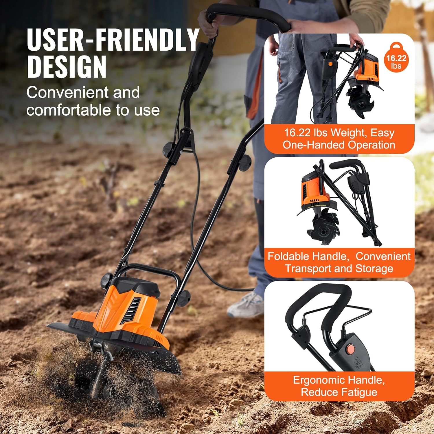 Happybuy 10 Amp Electric Tiller, 14' Tilling Width 3.94' Tilling Depth Corded Electric Tiller/Cultivator, Steel Mn Tines, Ideal for Garden Lawn Soil Digging