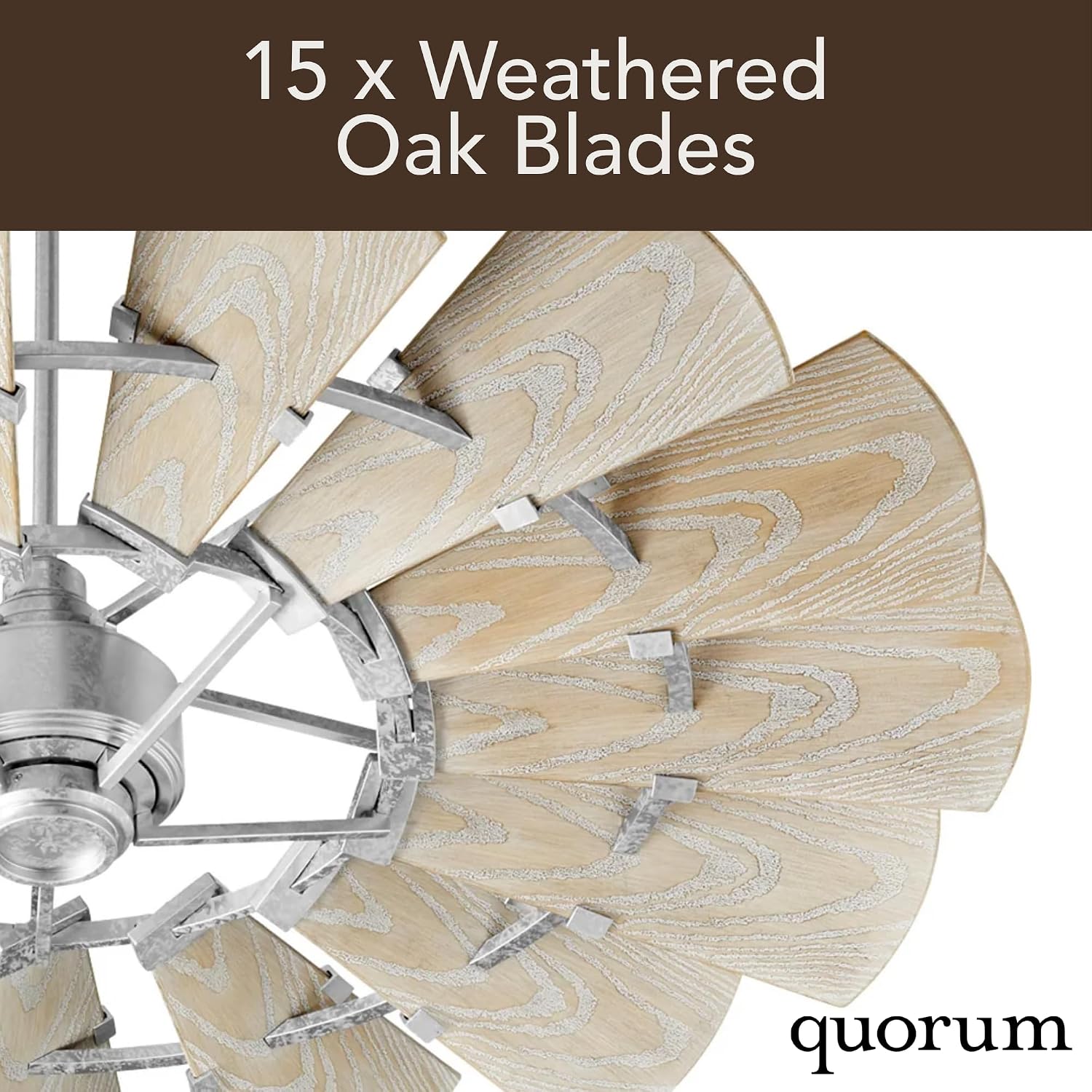 Quorum 196015-9 Windmill 60 Inch Ceiling Fan | 15 Blade Wagon Wheel Design | 6 Speed Reversible DC Motor | Remote Control Included | Damp Rated Fan | Weathered Oak Blades | Galvanized Finish