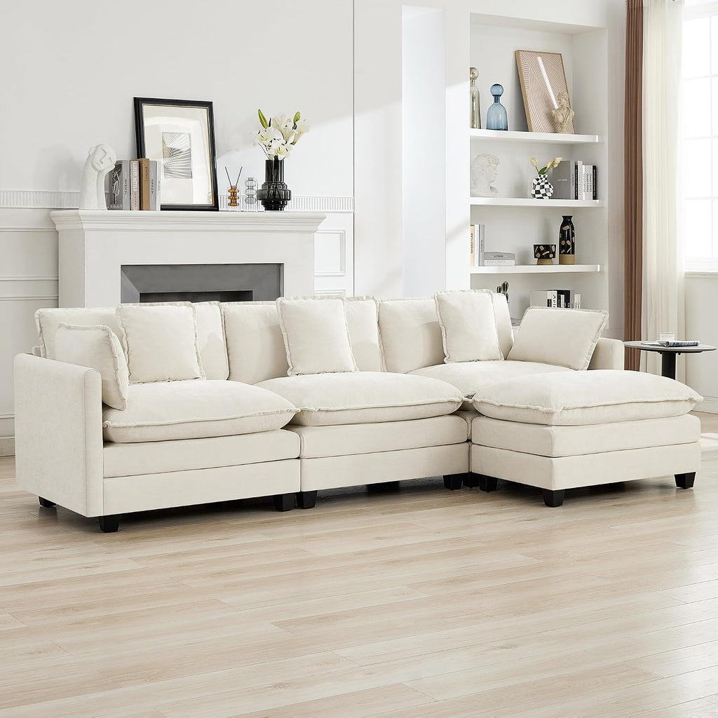 111'' Sectional Cloud Deep Seat Couch, Modern Comfy Chenille L Shaped Sectional Sofa for Living Room Set, Upholstered Modular 4-Seats Sofa Couch with Movable Ottoman, Beige