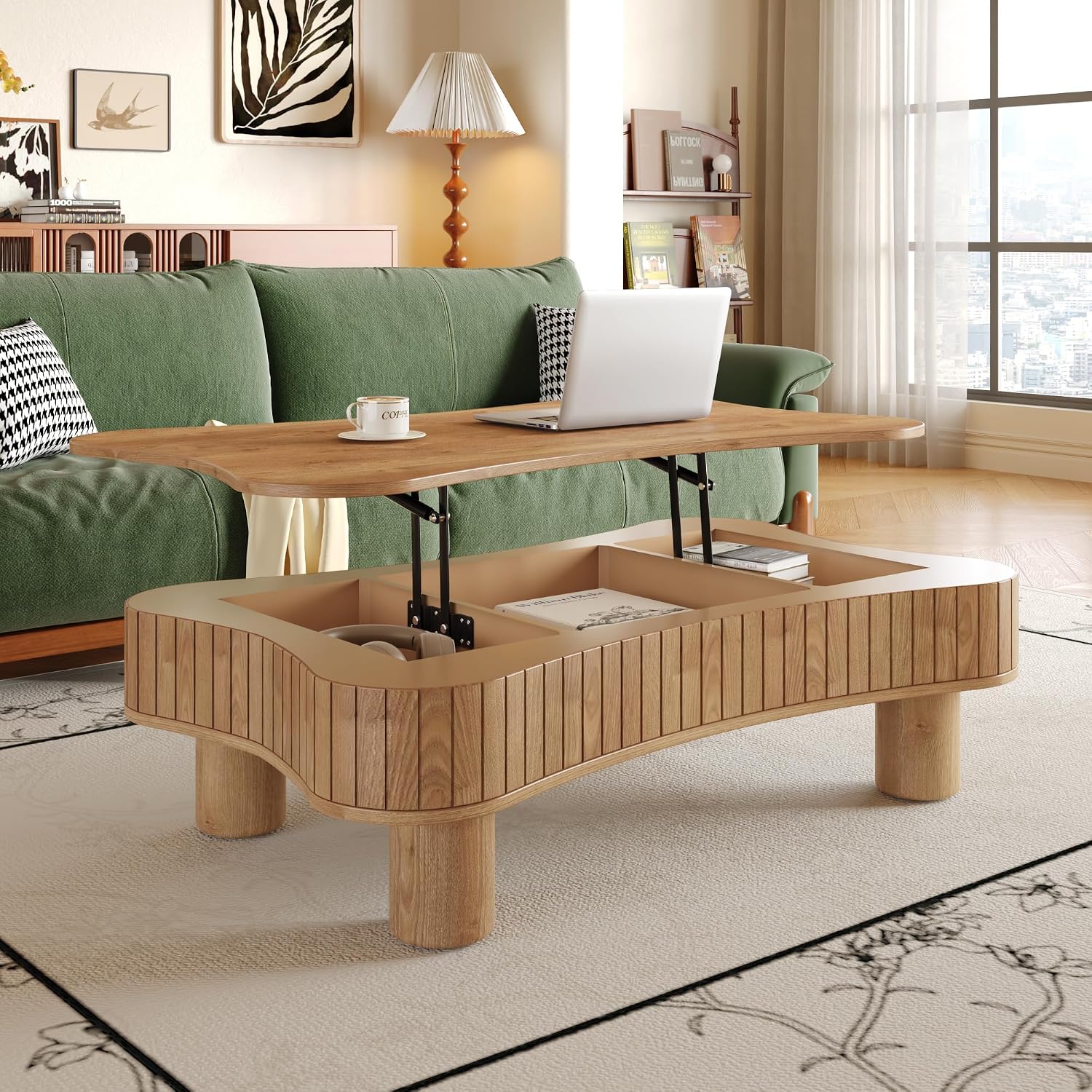 Zurnes Lift Top Coffee Table with Storage, 42' Accent Table for Living Room, Fluted Panel Hidden Storage, Silent Hydraulic Lift, Curved Corners, Easy Assembly, Light Brown