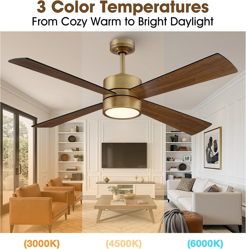 52 Inch Gold Ceiling Fan with Lights and Remote, APP Control, Quiet Reversible DC Motor, Dimmable LED Ceiling Fan, Modern Indoor Ceiling Fan for Bedroom Living Room Dining Room