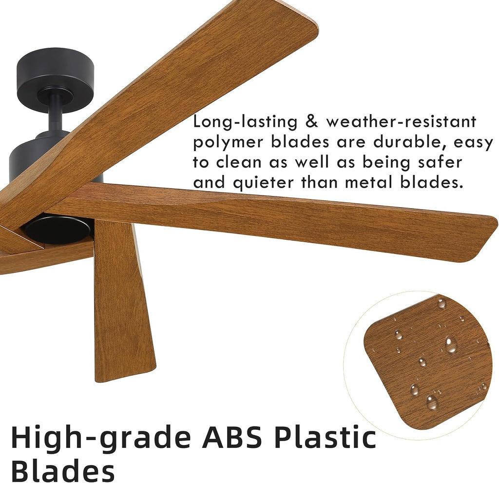 WINGBO 64' ABS DC Ceiling Fan No Light, 5 Blade ABS Plastic Ceiling Fan with Remote, 6-Speed Reversible DC Motor, Ceiling Fans without Light for Kitchen Bedroom Living Room, Matte Black and Walnut