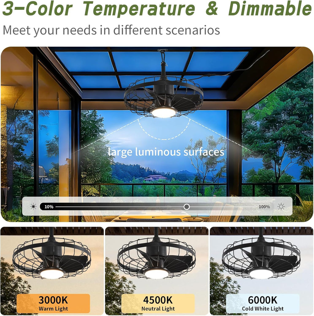 20' Outdoor Ceiling Fan with Lights,Waterproof Hanging Fan with Remote Control, Plug in Caged Ceiling Fan with 6-Speeds(Black)