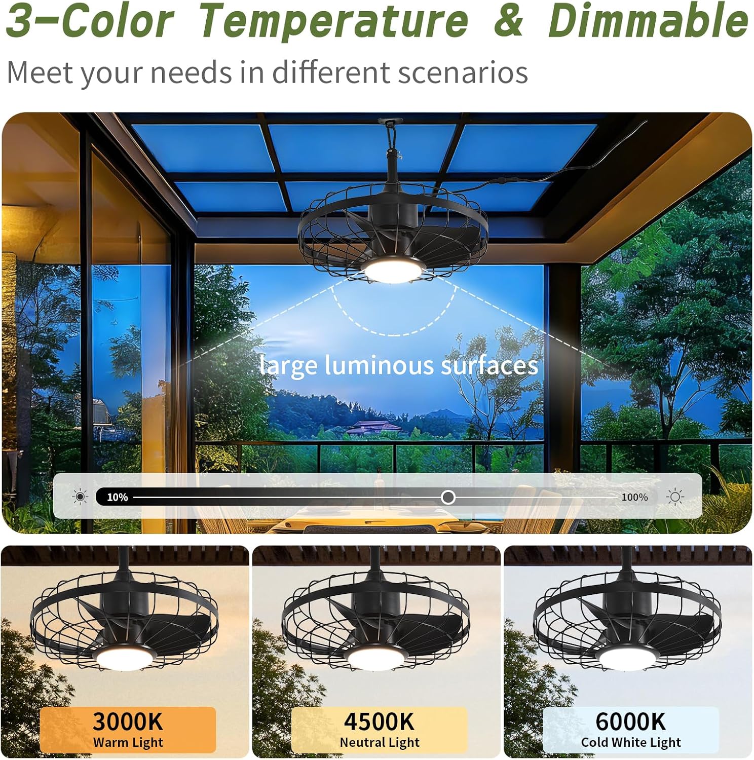 20' Outdoor Ceiling Fan with Lights,Waterproof Hanging Fan with Remote Control, Plug in Caged Ceiling Fan with 6-Speeds(Black)