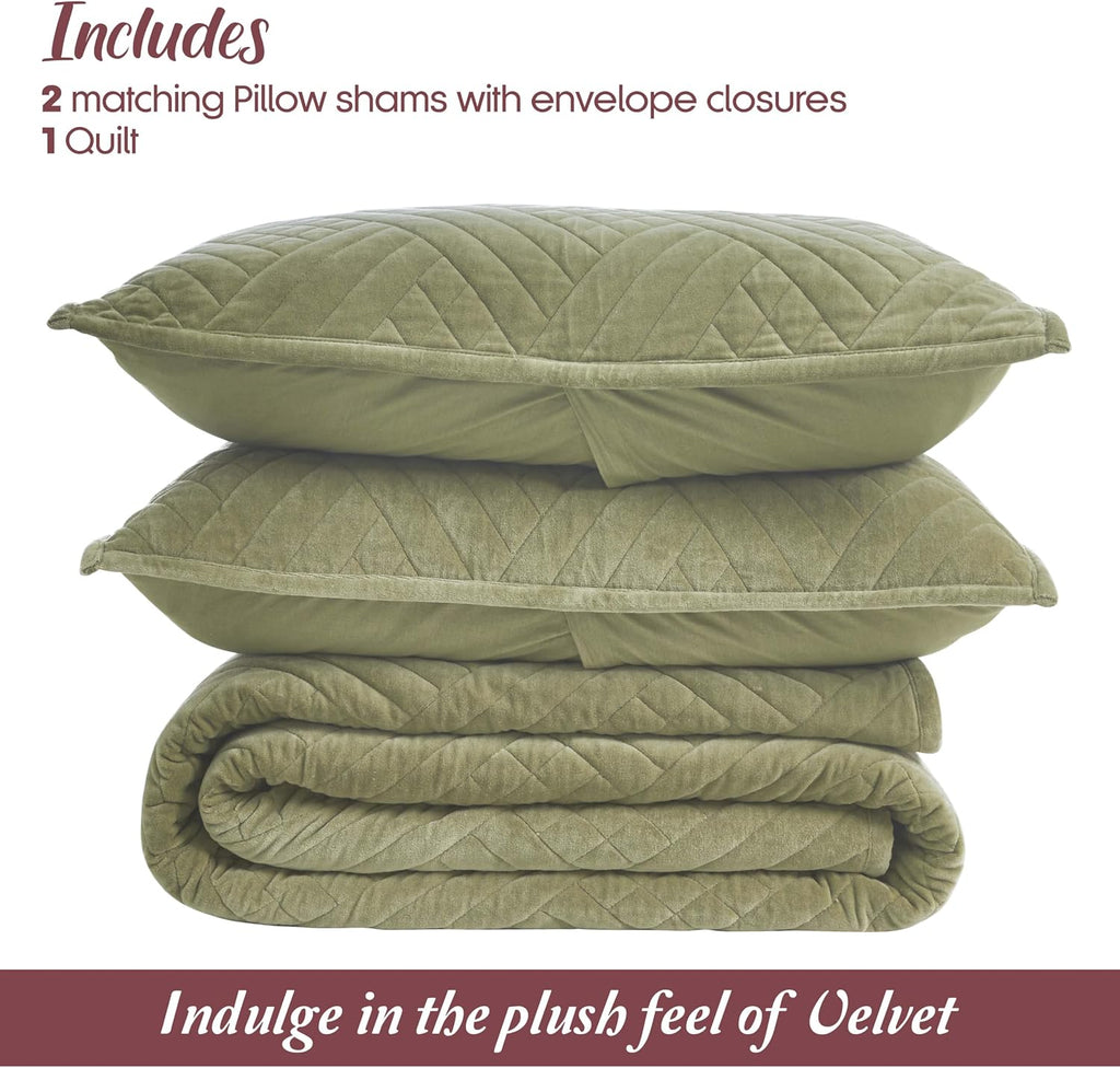 Superior 100% Cotton Velvet 3-Piece Quilt Set, 1 Lightweight Breathable Coverlet, 2 Pillow Shams, Comfy Home Essential Bedding, Cotton Fill, Geometric Aesthetic, Karina Collection, King Size, Sage