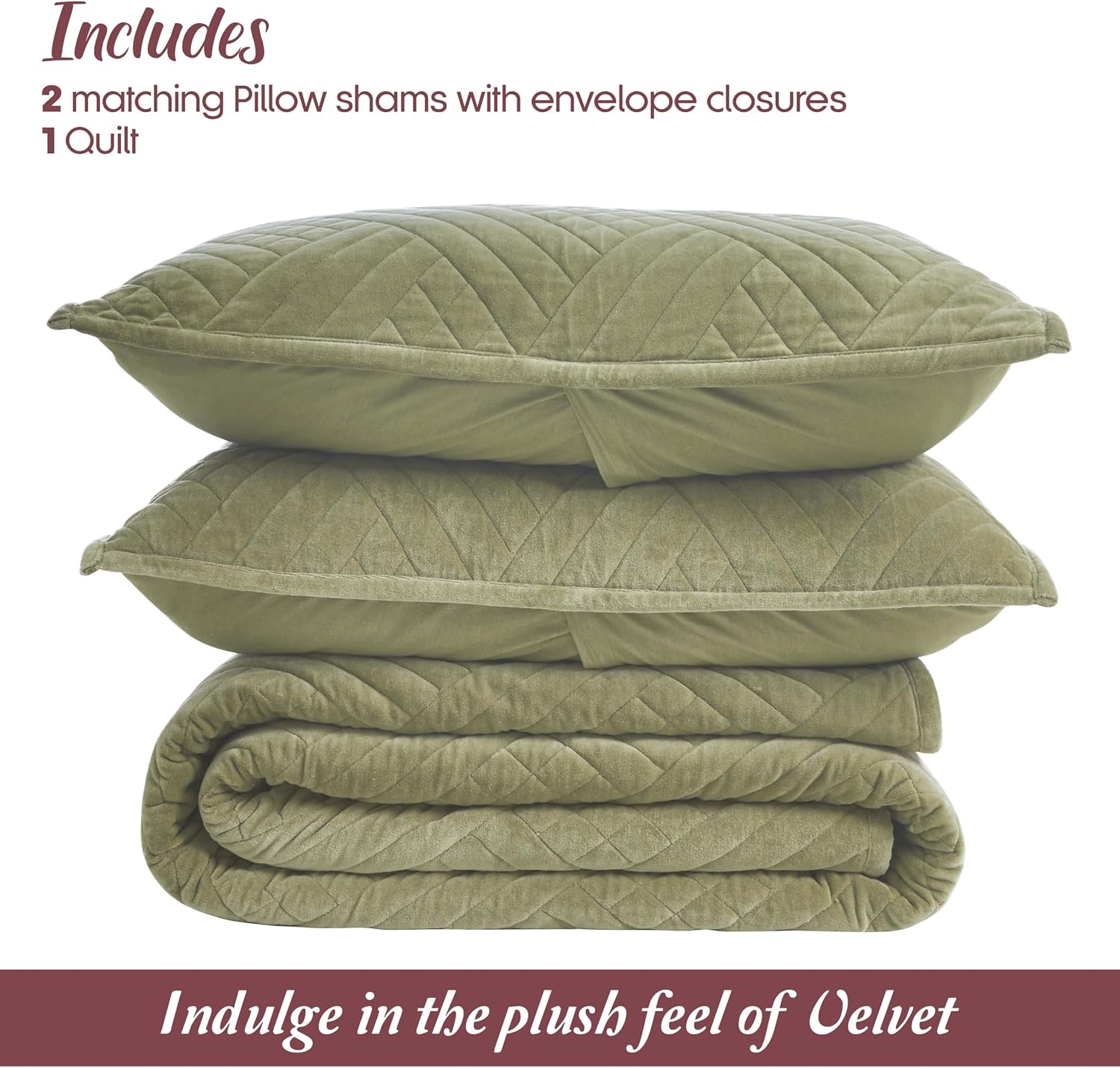 Superior 100% Cotton Velvet 3-Piece Quilt Set, 1 Lightweight Breathable Coverlet, 2 Pillow Shams, Comfy Home Essential Bedding, Cotton Fill, Geometric Aesthetic, Karina Collection, King Size, Sage