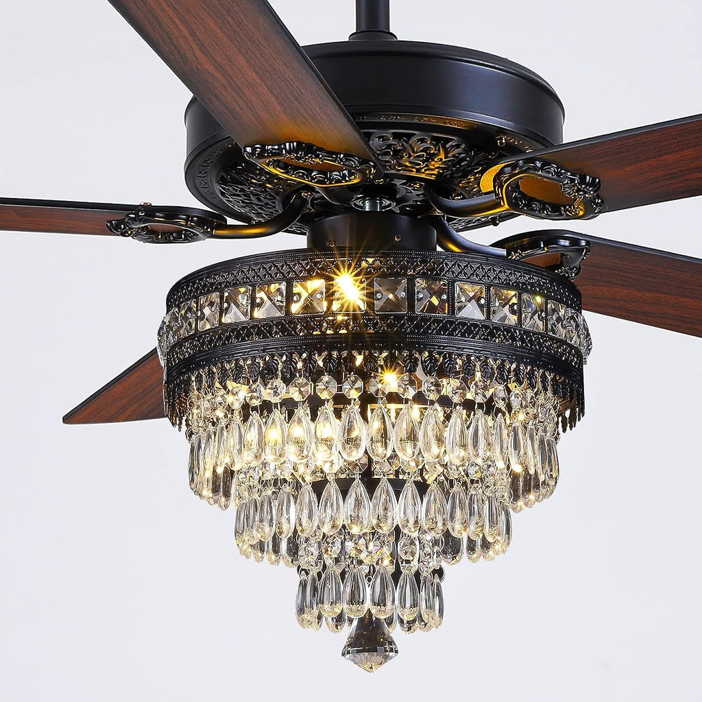 Asyko 50' Crystal Ceiling Fan Fandelier with Lights - Modern Black Chandelier Fans with Remote Control，Noiseless AC Motor, Retro/Farmhouse Lighting, Dining Room，Living Room