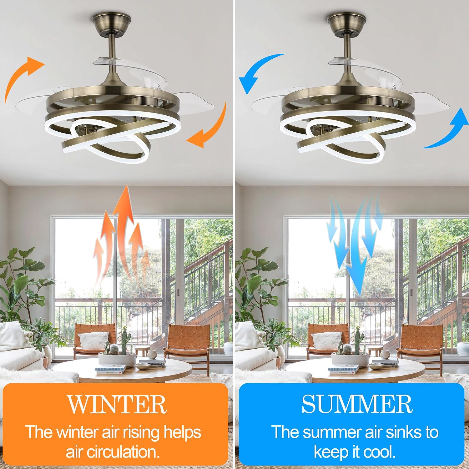 42' Retractable Fandelier Ceiling Fan with Lights Remote - Silent Dimmable Modern 6 Speed LED Chandelier Fan for Bedroom Living Room Kitchen