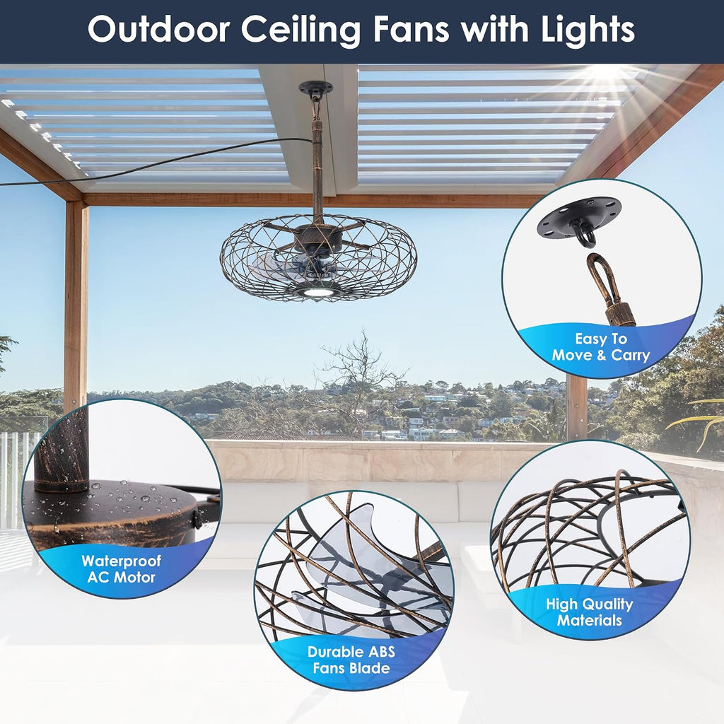 Miuyhji Retro Outdoor Ceiling Fans with LED Light, 20' Waterproof Gazebo Fan Plug in Caged Industrial Fandelier Ceiling Fan with Remote, 6 Speeds Adjustable Height Fan for Bedroom Living Room Pergola