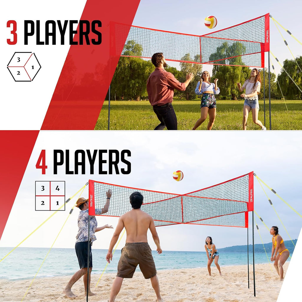 ZEALFEEL 4-Way Volleyball and Badminton Combo Net, 3 Heights Adjustable 4 Square Volleyball Game Set with Vollyball, Pump, Carry Bag, Hammer, 14 FT 4 Person Net for Backyard Beach Lawn