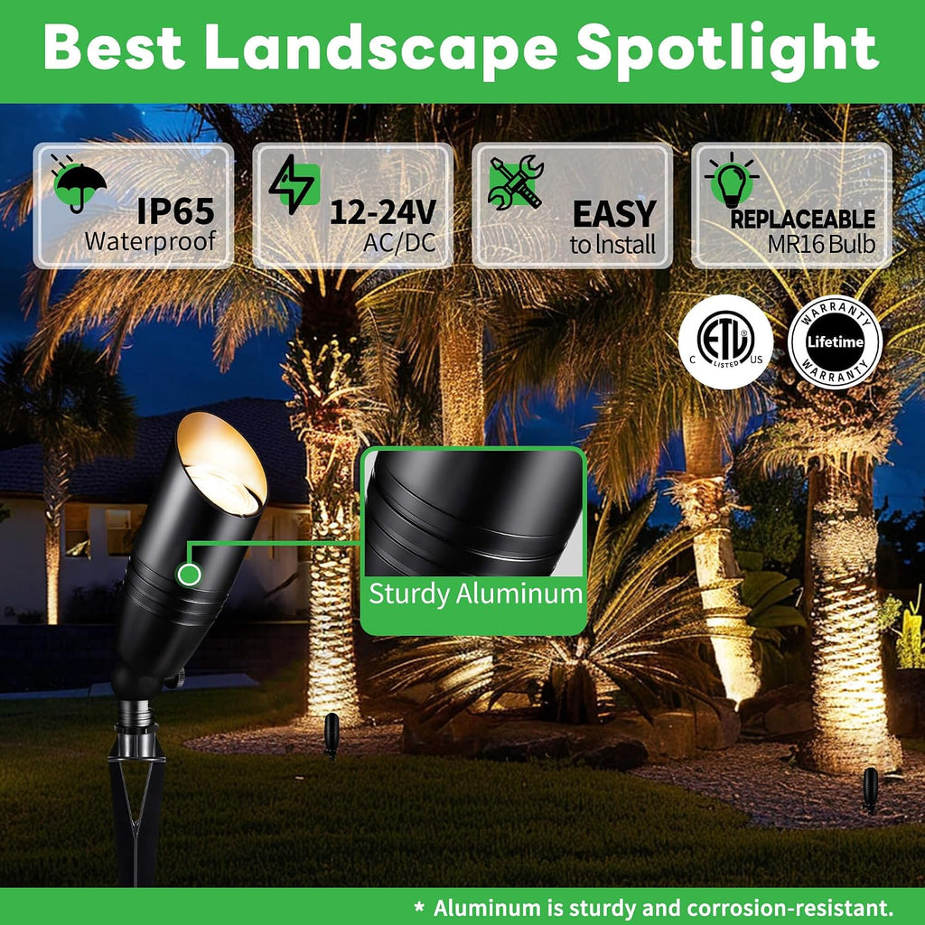 Black LED Outdoor Spotlights Kit, 6 Pack Low Voltage Landscape Lighting and 100W Transformer and 100FT Cable and 30 Wire Connectors, Aluminum Waterproof Uplights for House Garden Lawn