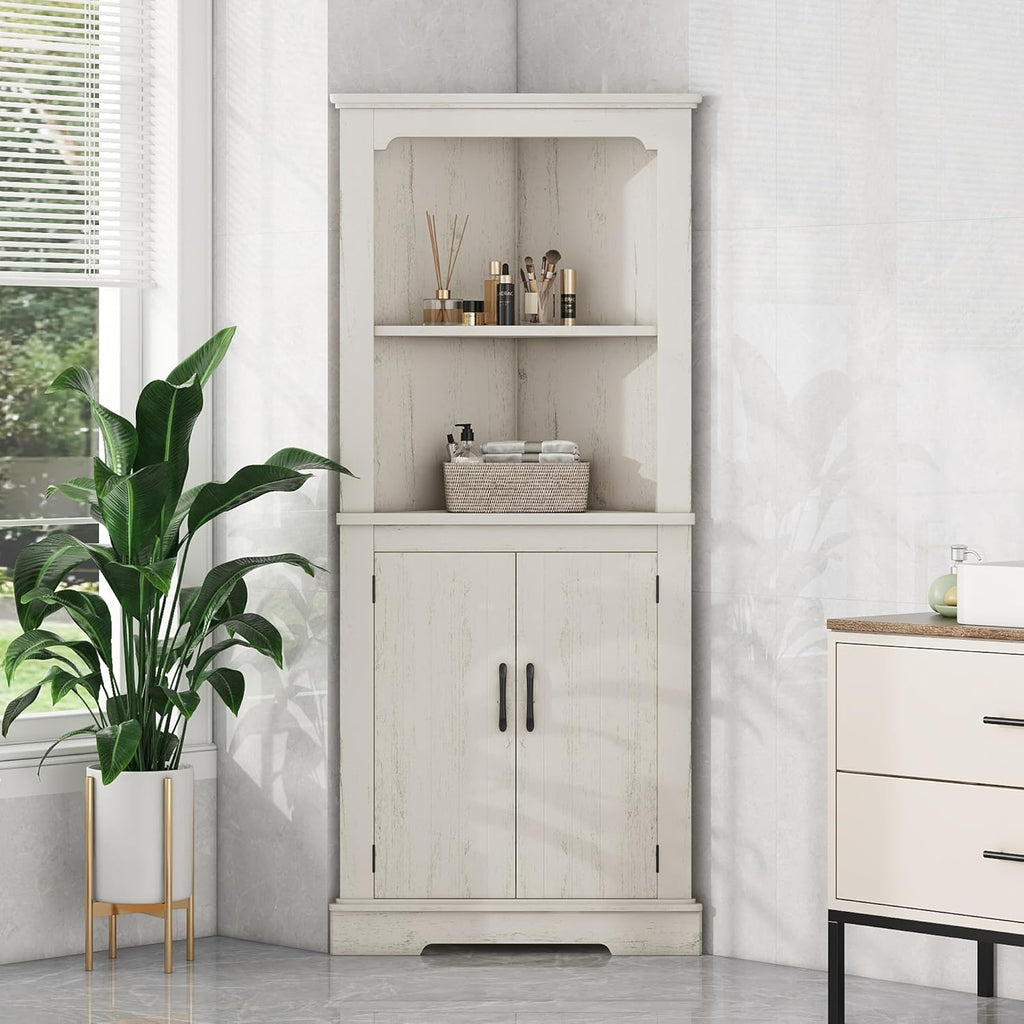 KEIKI Tall Corner Cabinet with Open Shelves and Concealed Storage, Space-Saving Design for Living Room, Bathroom, and Bedroom - Wood Grain Beige